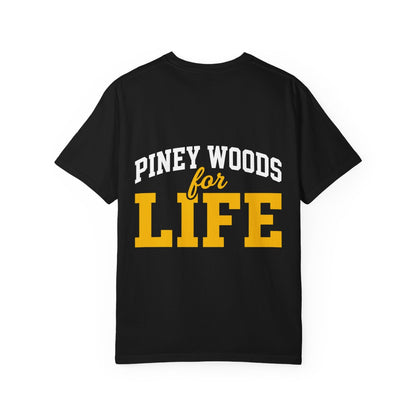 Piney Woods for Life back print in gold on black