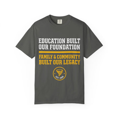 Built Our Legacy Tee Values Edition in Pepper — front print in gold and white