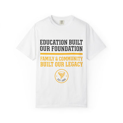 Built Our Legacy Tee Values Edition in White — front print in black and gold