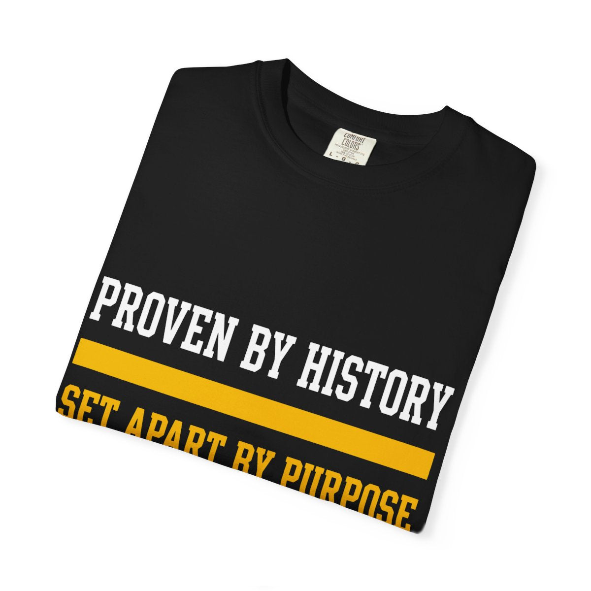 Proven By History Tee shown folded, front print detail