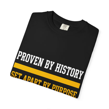 Proven By History Tee shown folded, front print detail